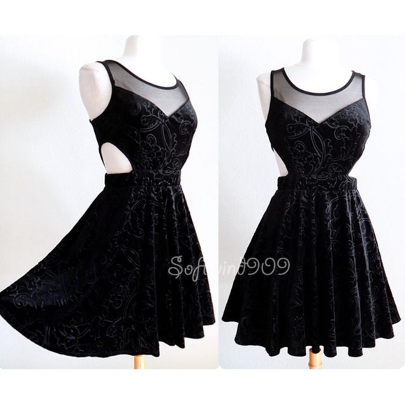 Black Velvet Mesh Inset Cutout Skater Party Dress - Picture 2 of 8